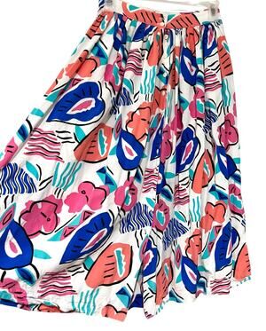 Vintage Colorful Midi Skirt Genesis Floral Abstract Retro Print Buttons Sz 7/8